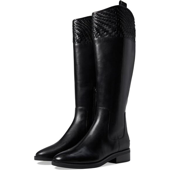 Cole Haan Women's Hampshire Woven-Trim Riding Boots Black Leather size 7 NEW - Picture 2 of 11